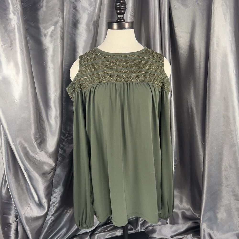 Michael Kors Cold Shoulder Top Women's S Olive Green Gold Smocking Long Sleeve